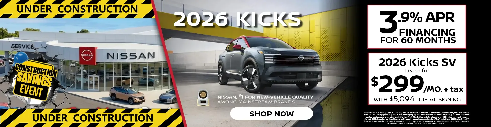 Bella Nissan of Venice 2026 Kicks with 3.9 percent financing for 60 months or lease the Kicks SV for $299 per month.